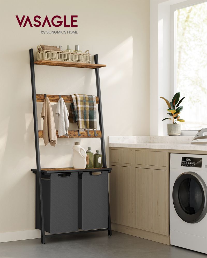 Vasagle Καλάθι Απλύτων 2 Διαμερισμάτων με Ράφι και Βάση για Πετσέτες - 73 x 33 x 177 cm - 92L - Vintage Brown / Black - BLH221B01
