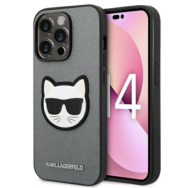 Karl Lagerfeld iPhone 14 Pro Max - Saffiano Choupette Head Patch Σκληρή Θήκη με Επένδυση Συνθετικού Δέρματος και Πλαίσιο Σιλικόνης - Grey - KLHCP14XSAPCHG