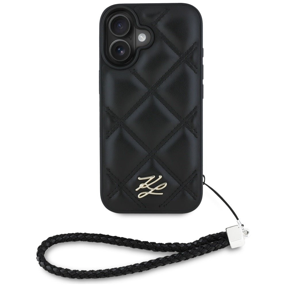 Karl Lagerfeld iPhone 16 - Quilted Initial Logo and Chain Strap - Θήκη με Επένδυση Συνθετικού Δέρματος και Λουράκι - Black - KLHCP16SPSQSKLSMSK