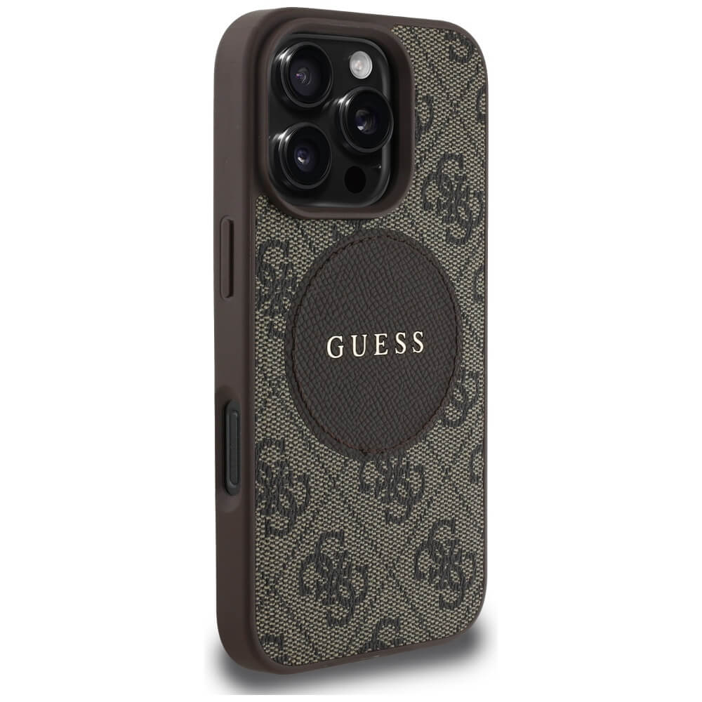 Guess iPhone 16 Pro - 4G Circle Classic Logo - MagSafe Θήκη με Επένδυση Συνθετικού Δέρματος - Brown - GUHMP16LP4PGRSGW