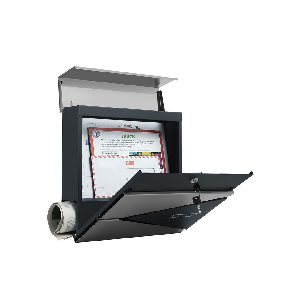 Songmics Επιτοίχιο Μεταλλικό Γραμματοκιβώτιο με Κλειδαριά και Θήκη Εφημερίδων - Charcoal Grey / Silver - GMB51AS