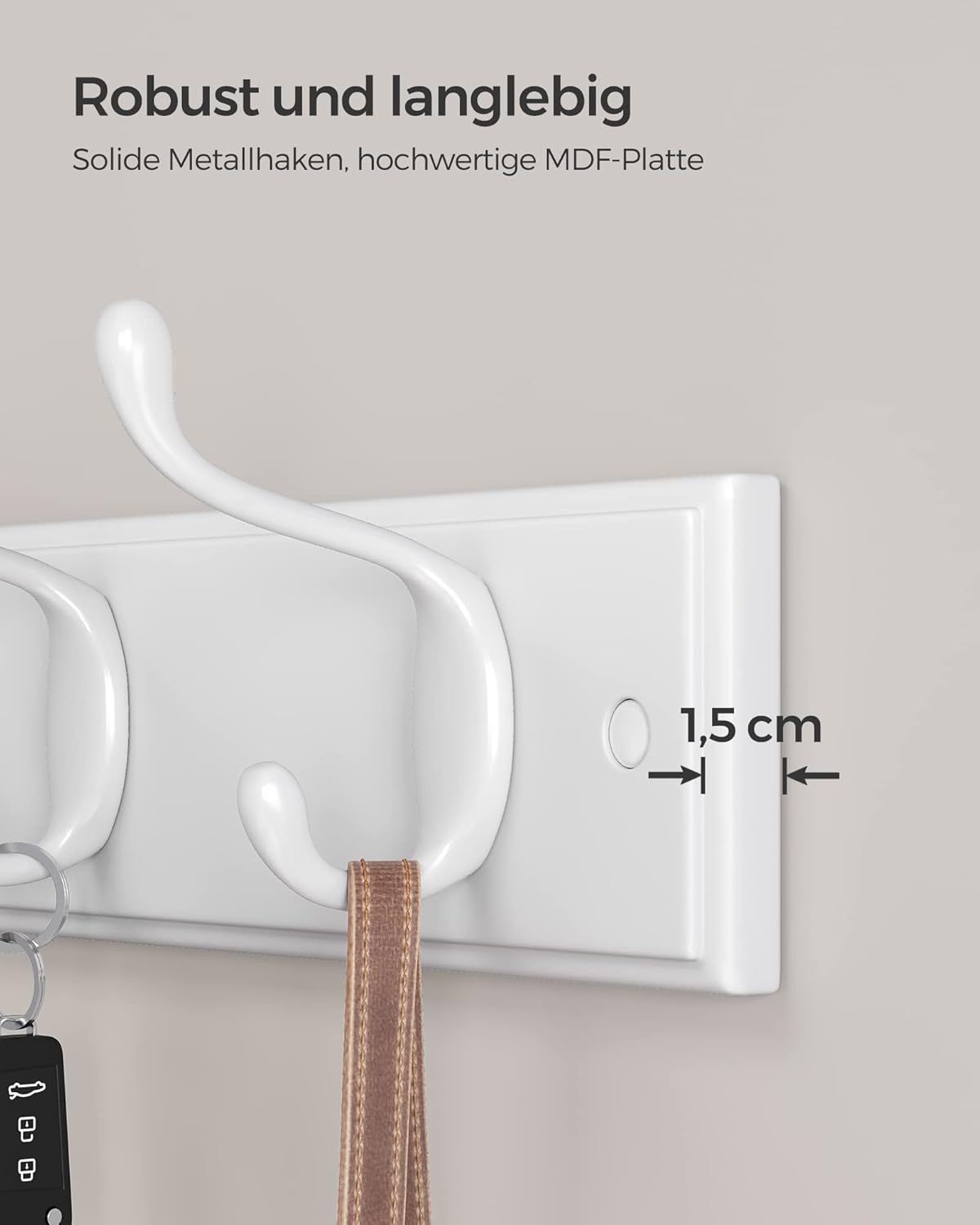 Songmics Επιτοίχια Ξύλινη Κρεμάστρα με 4 Μεταλλικούς Γάντζους - 40 x 9 x 7 cm - White - LHR23WT