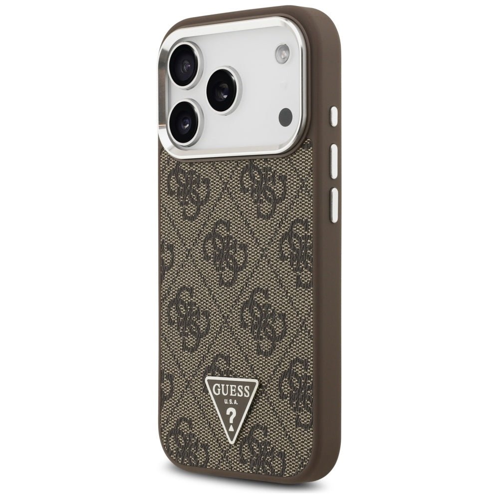 Guess iPhone 17 Pro - 4G Triangle Logo MagSafe - Σκληρή Θήκη με Πλαίσιο Σιλικόνης και Επένδυση Συνθετικού Δέρματος - Brown / Silver - GUHMP17LP4TSRCMW