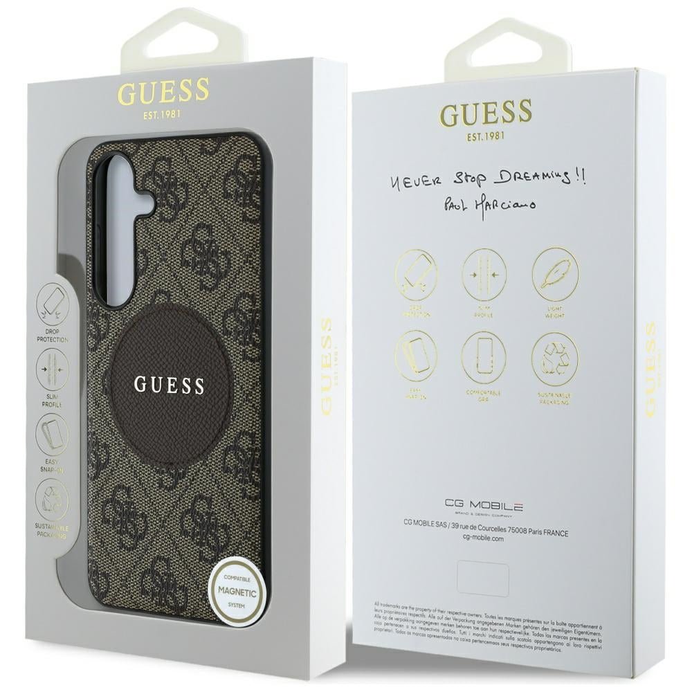 Guess Samsung Galaxy S25 - 4G Round Patch Classic Logo - Θήκη με Επένδυση Συνθετικού Δέρματος και MagSafe - Brown - GUHMS25SP4PGRSGW