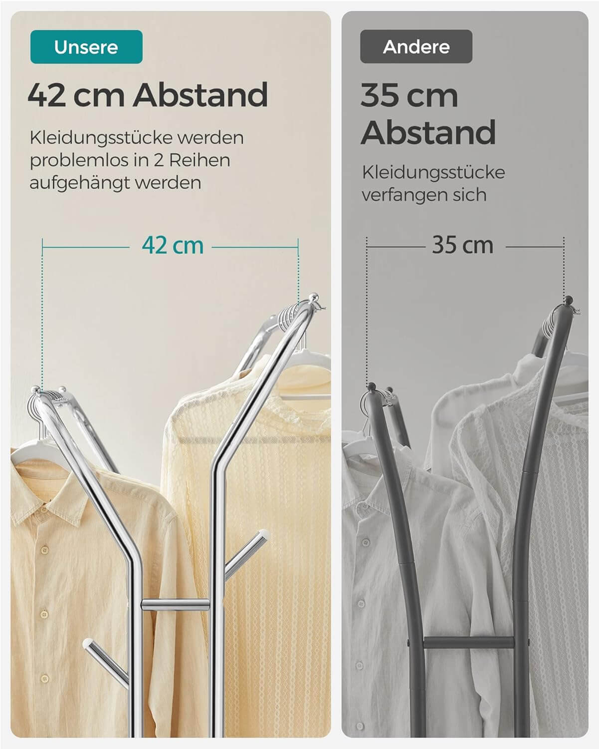 Songmics Τροχήλατη Κρεμάστρα Pούχων με 2 Pάγες και Ράφι - Ράγα Ρούχων - 52.5 x 103.5 x 155 cm - Silver - HSR107E01V2