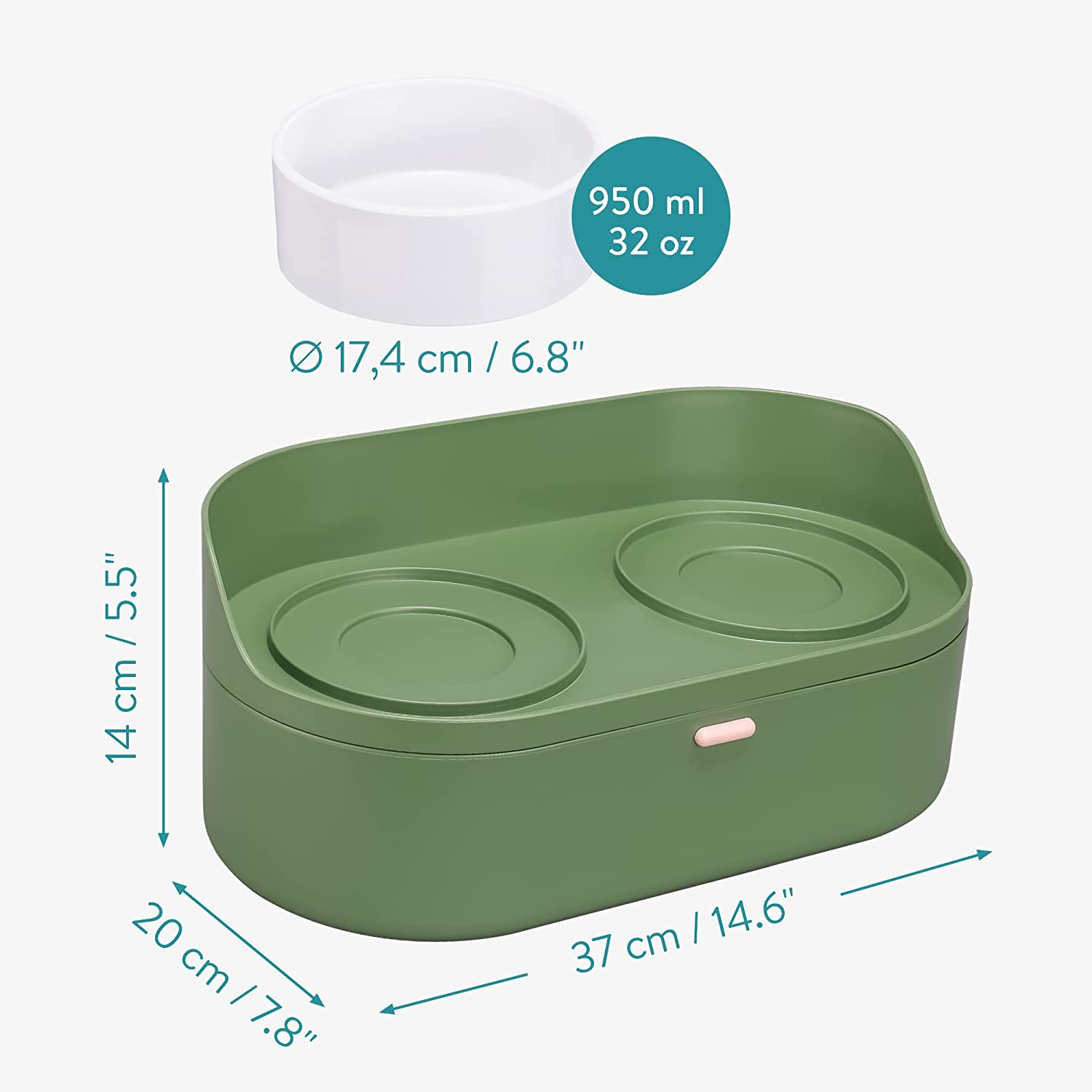 Navaris Σετ με 2 Μπολ για Νερό και Τροφή για Κατοικίδια με Βάση Αποθήκευσης Τροφής - 950 ml - Green - 58518.07