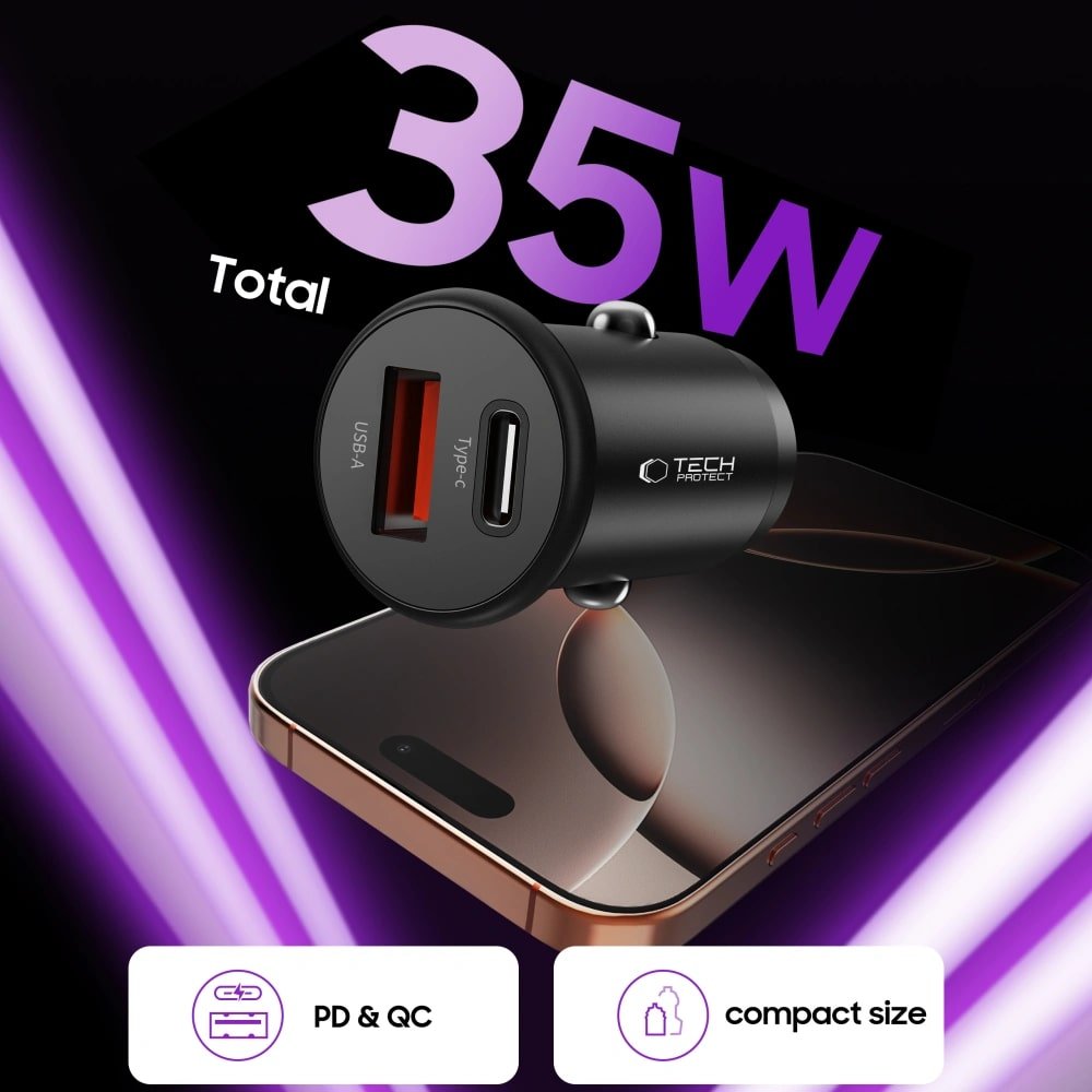 Tech - Protect CC02 PD35W Φορτιστής Αυτοκινήτου Γρήγορης Φόρτισης με 1 Θύρα Type - C και 1 Θύρα USB - Black