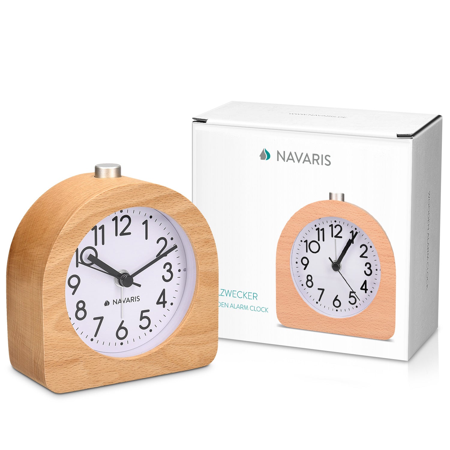 Navaris Analogue Wood Alarm Clock Design Half Round - Αναλογικό Επιτραπέζιο Ρολόι και Ξυπνητήρι - Light Brown - 45427.24