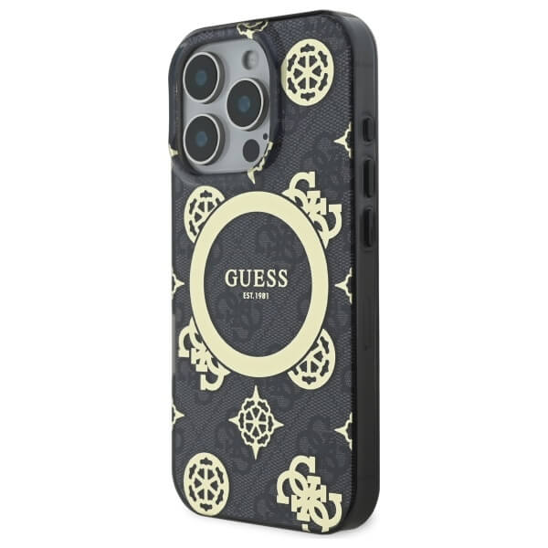 Guess iPhone 16 Pro - IML Peony On 4G Background MagSafe - Θήκη με Επένδυση Συνθετικού Δέρματος - Black - GUHMP16LH4PYEEK