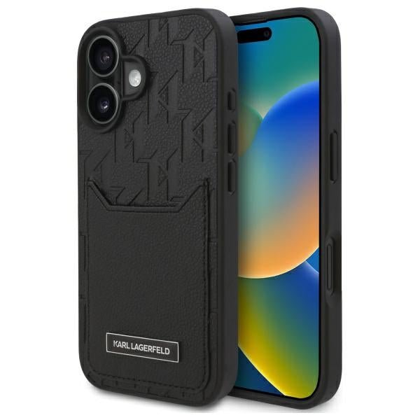 Karl Lagerfeld iPhone 16 Cardslots Monogram Σκληρή Θήκη με Επένδυση Συνθετικού Δέρματος και Υποδοχή για Κάρτα - Black - KLHCP16SPGKHPRPK