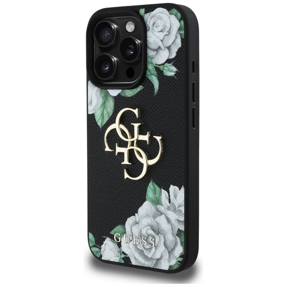 Guess iPhone 16 Pro Max - Grained Roses Big 4G Logo - Σκληρή Θήκη με Επένδυση από Οικολογικό Δέρμα - Black - GUHCP16XPGROP4MK