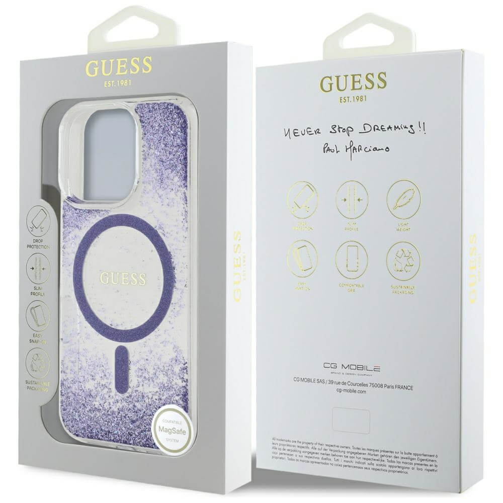 Guess iPhone 16 Pro Max - HC Resin Bottom Glitter - MagSafe Σκληρή Θήκη με Πλαίσιο Σιλικόνης - Purple - GUHMP16XRGRGEU