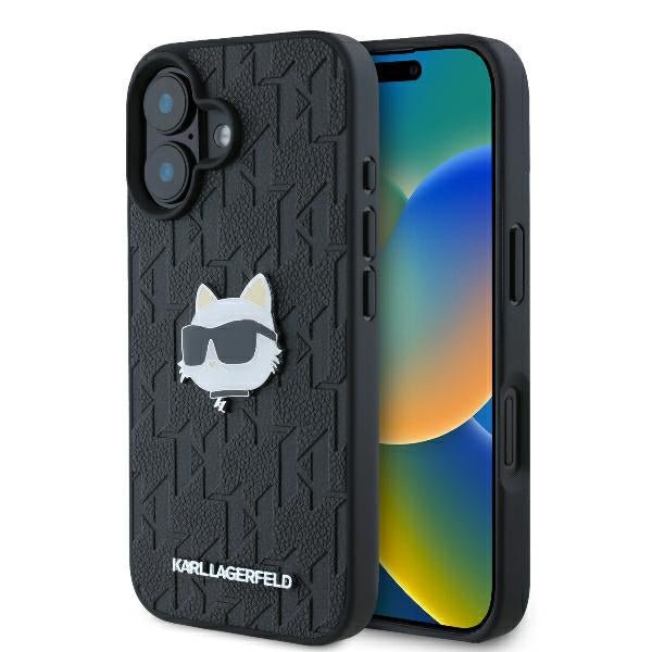 Karl Lagerfeld iPhone 16 - Monogram Choupette Head Pin Σκληρή Θήκη με Επένδυση Συνθετικού Δέρματος - Black - KLHCP16SPGKLCHPK