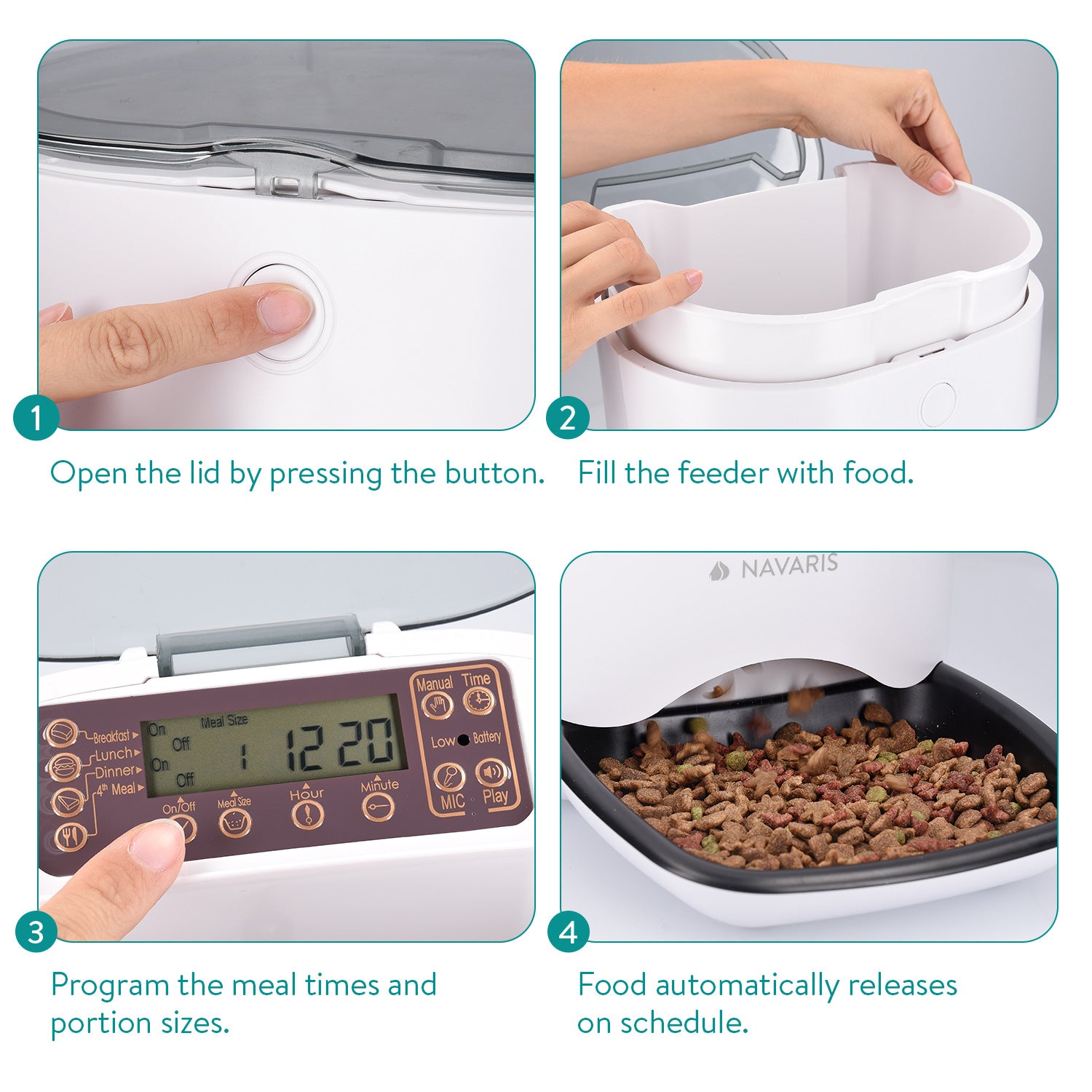 Navaris Automatic Pet Food Dispenser - Αυτόματη Ταΐστρα Φαγητού με Χρονοδιακόπτη για Κατοικίδιο - 6L - White - 44769.01