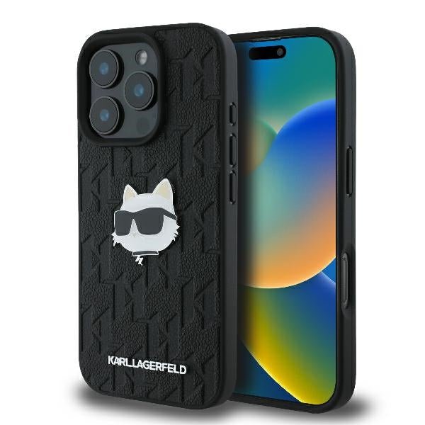 Karl Lagerfeld iPhone 16 Pro Max - Monogram Choupette Head Pin Σκληρή Θήκη με Επένδυση Συνθετικού Δέρματος - Black - KLHCP16XPGKLCHPK
