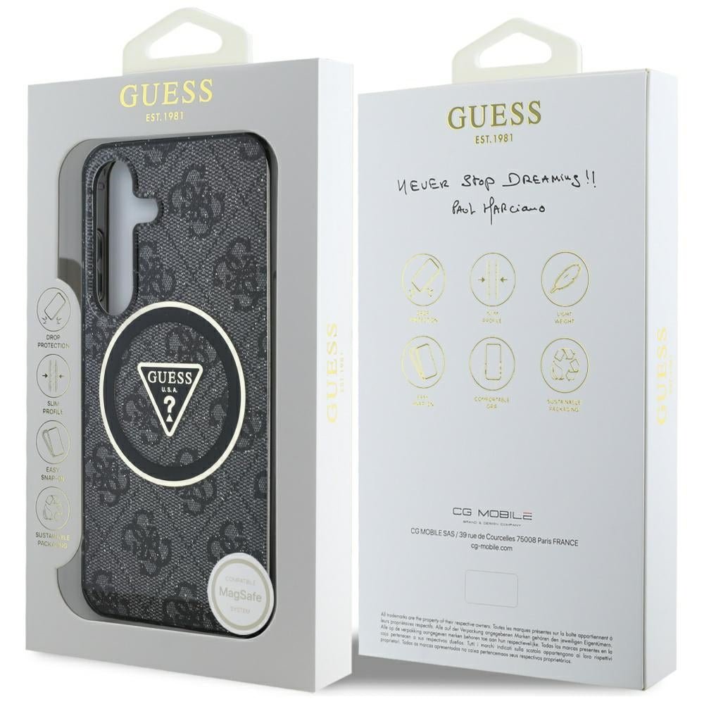 Guess Samsung Galaxy S25 - 4G Glitter Triangle Buttons - MagSafe Σκληρή Θήκη με Πλαίσιο Σιλικόνης - Black - GUHMS25SHG4PRTGK