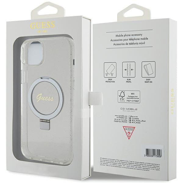 Guess iPhone 15 Plus Ring Stand Script Glitter Magsafe Σκληρή Θήκη με Πλαίσιο Σιλικόνης και MagSafe / Stand - Clear - GUHMP15MHRSGSD