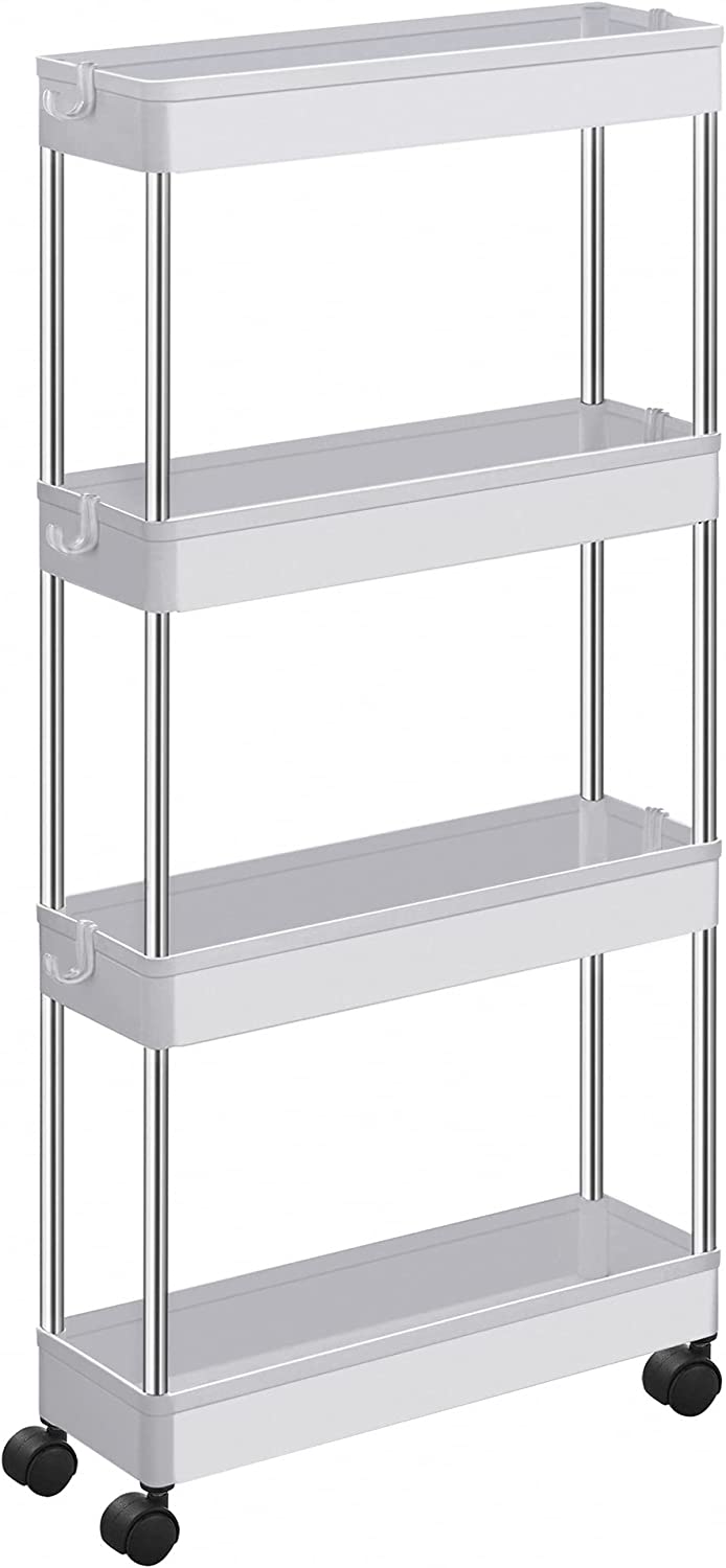 Songmics Πλαστικό Καρότσι Εξοικονόμησης Χώρου για Οργάνωση και Αποθήκευση με 4 Ράφια - 42 x 13.5 x 83 cm - White - KSC08WT