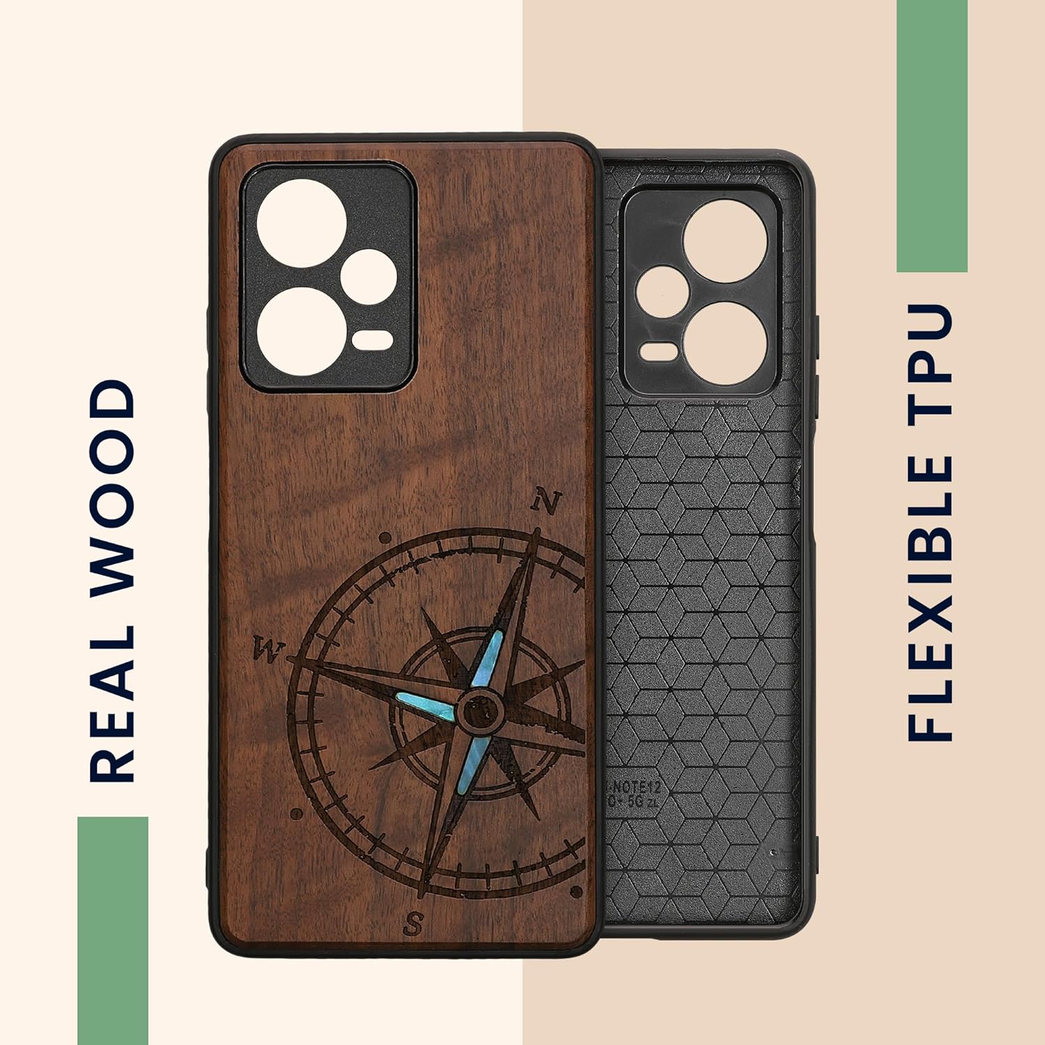 KW Xiaomi Redmi Note 12 Pro+ Θήκη από Φυσικό Ξύλο - Design Navigational Compass Mother of Pearl - Dark Brown