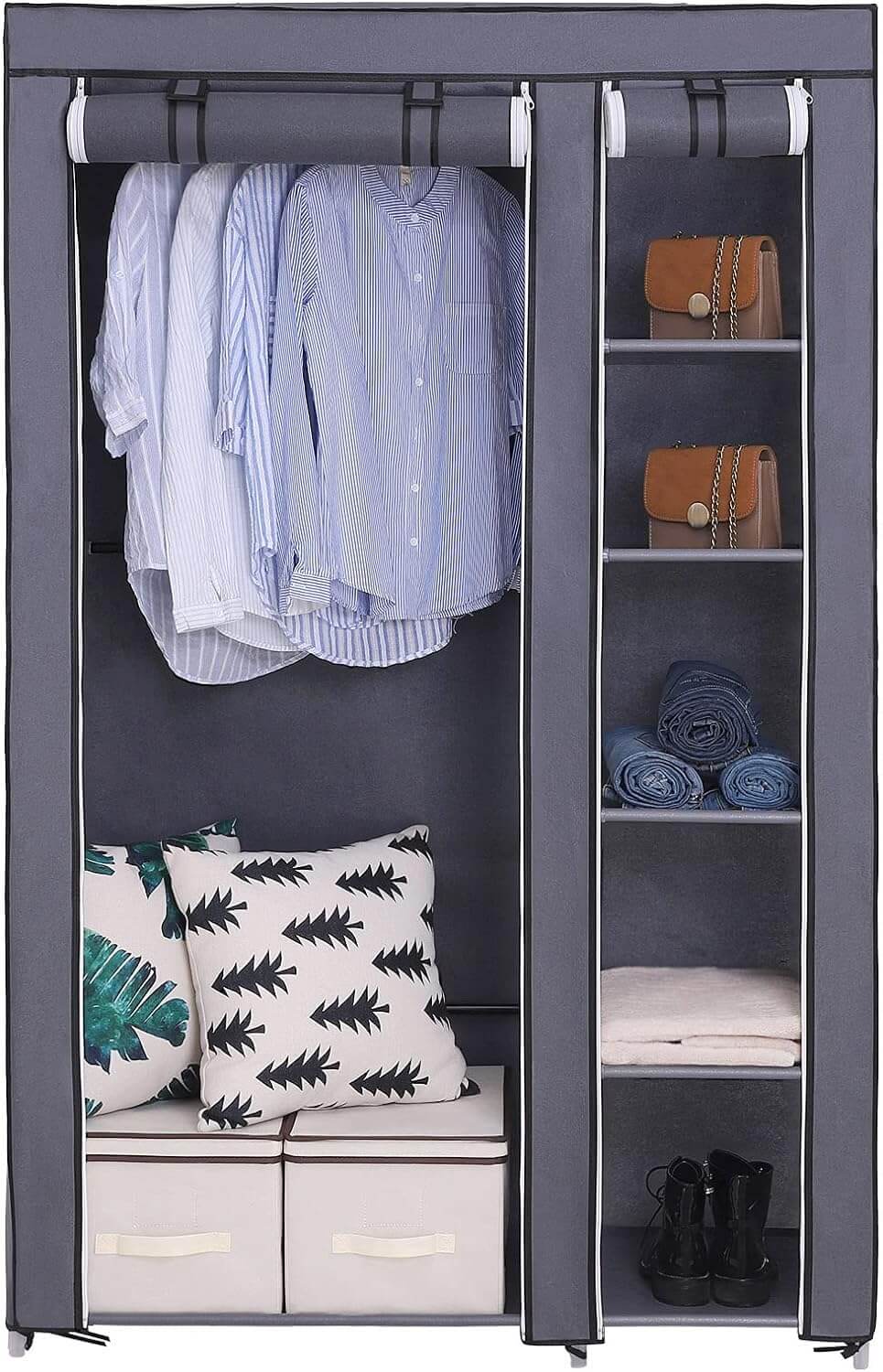 Songmics Υφασμάτινη Ντουλάπα με Ράγα Ρούχων και Ράφια - 110 x 45 x 175 cm - Grey - LSF007G