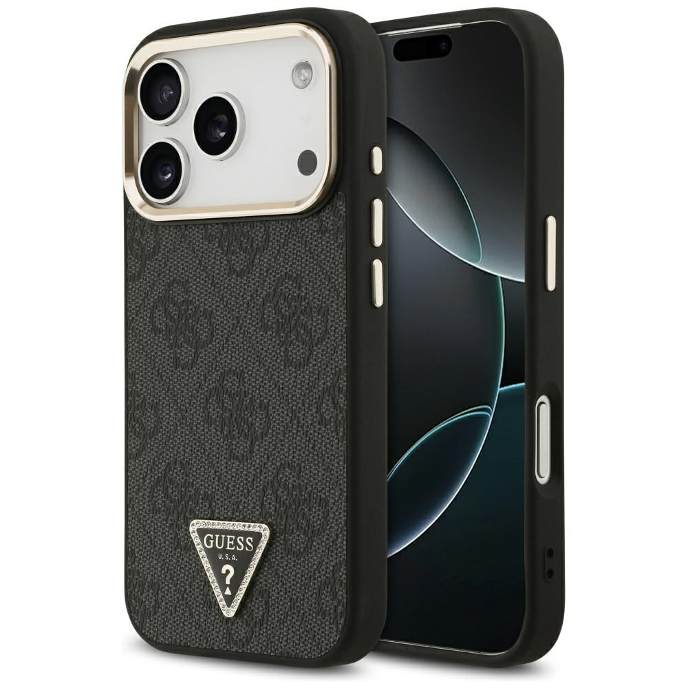 Guess iPhone 17 Pro - 4G Triangle Strass Logo MagSafe - Σκληρή Θήκη με Επένδυση Συνθετικού Δέρματος - Black / Gold - GUHMP17LP4GTDGMK