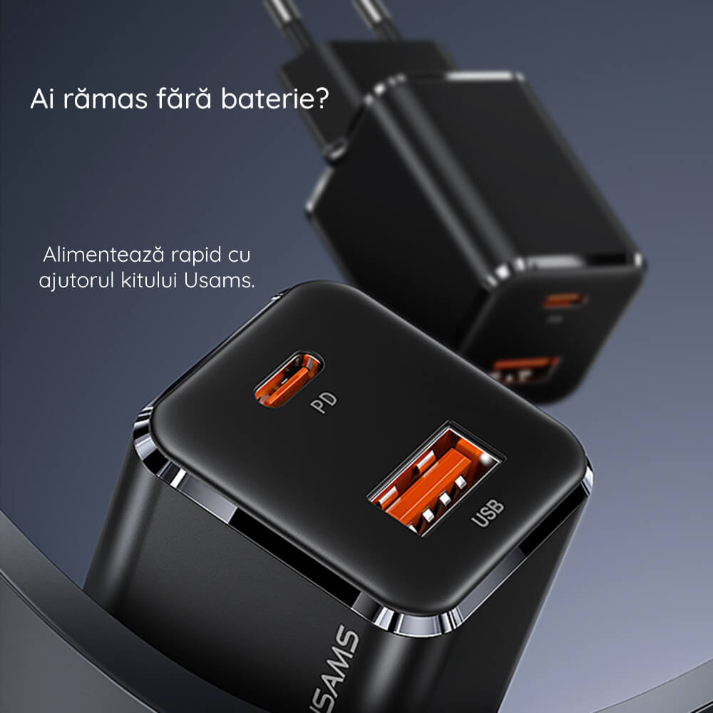 Usams Travel Charger Kit 33W Οικιακός Φορτιστής με 1 Θύρα Type - C και 1 Θύρα USB και καλώδιο Type - C to Lightning 20W - Black - USKTZ01