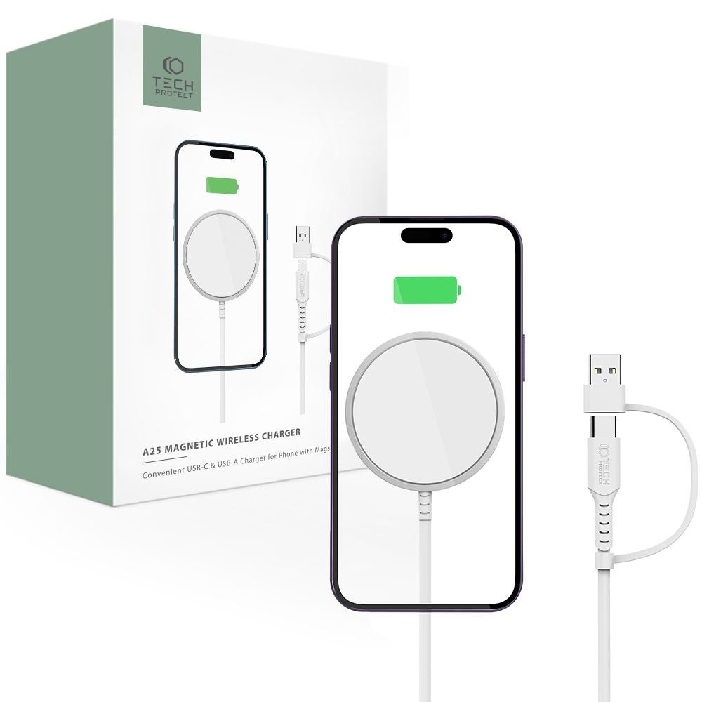 Tech - Protect QI15W - A25 Ασύρματος Φορτιστής MagSafe με Καλώδιο με Υποδοχές USB και Type - C - White