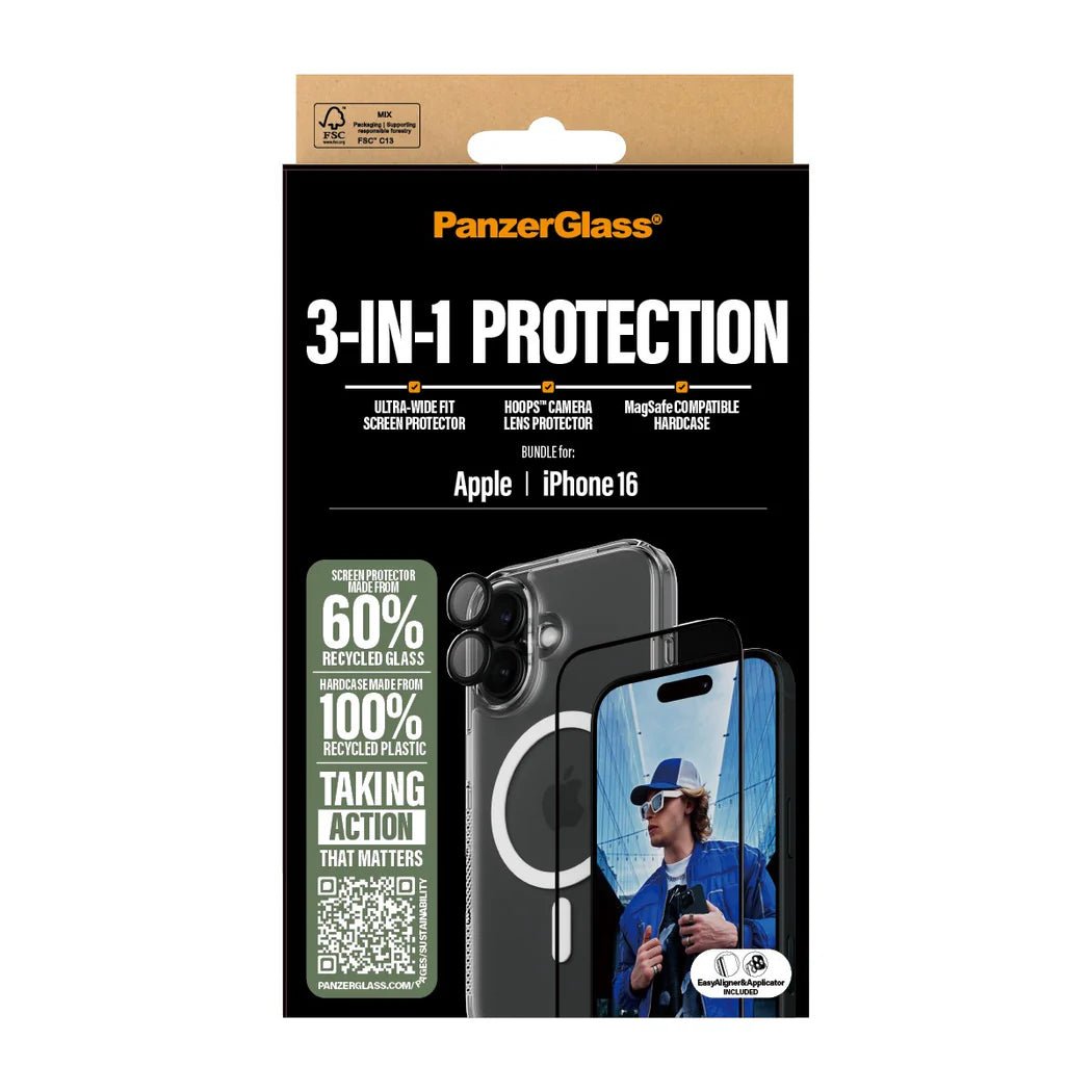 PanzerGlass iPhone 16 - Σετ με 1 Αντιχαρακτικό Γυαλί Οθόνης Ultra - Wide Fit, 1 Αντιχαρακτικό Γυαλί για την Κάμερα και 1 Σκληρή Θήκη με MagSafe - Διάφανο