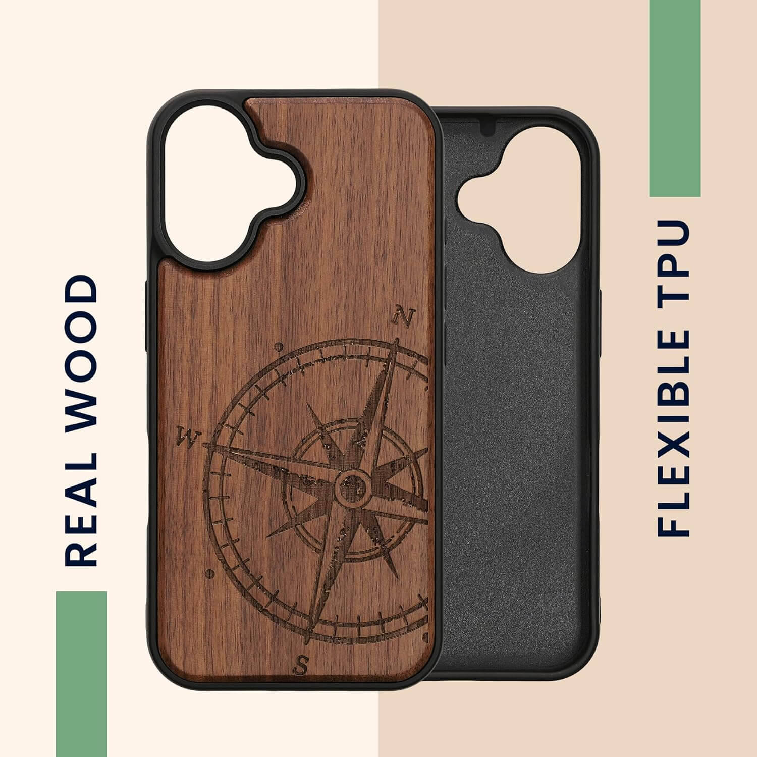 KW iPhone 16 Θήκη από Φυσικό Ξύλο - Design Vintage Compass - Dark Brown