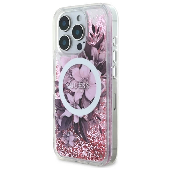Guess iPhone 16 Pro Max - Liquid Glitter Flower - MagSafe Σκληρή Θήκη με Πλαίσιο Σιλικόνης - Διάφανη - GUHMP16XLFMWTP