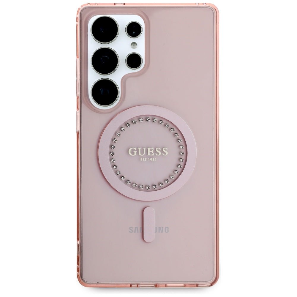 Guess Samsung Galaxy S25 Ultra - Rhinestones Printed Classic Logo - MagSafe Σκληρή Θήκη με Πλαίσιο Σιλικόνης - Pink - GUHMS25LPFTDTEP