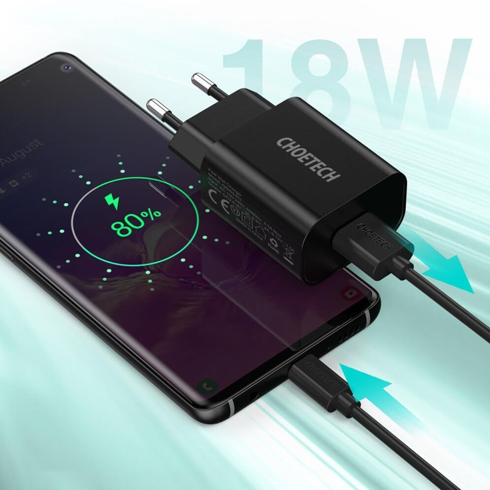 Choetech Οικιακός Φορτιστής Γρήγορης Φόρτισης 18W 3A με 1 Θύρα USB και Καλώδιο USB to Type - C - Black - Q5003