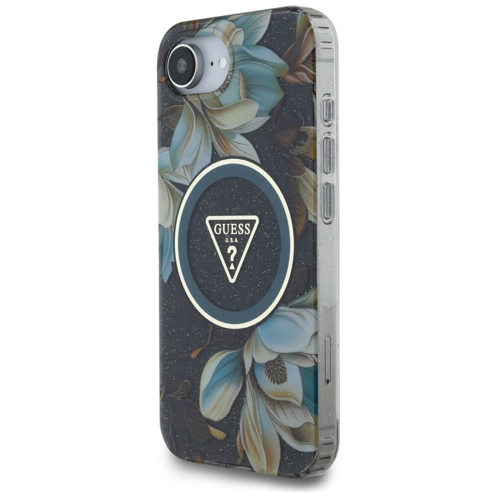 Guess iPhone 16e - IML Metal Glitter Flowers Triangle MagSafe - Σκληρή Θήκη με Πλαίσιο Σιλικόνης και MagSafe - Black - GUHMPSE4HFLPEDK