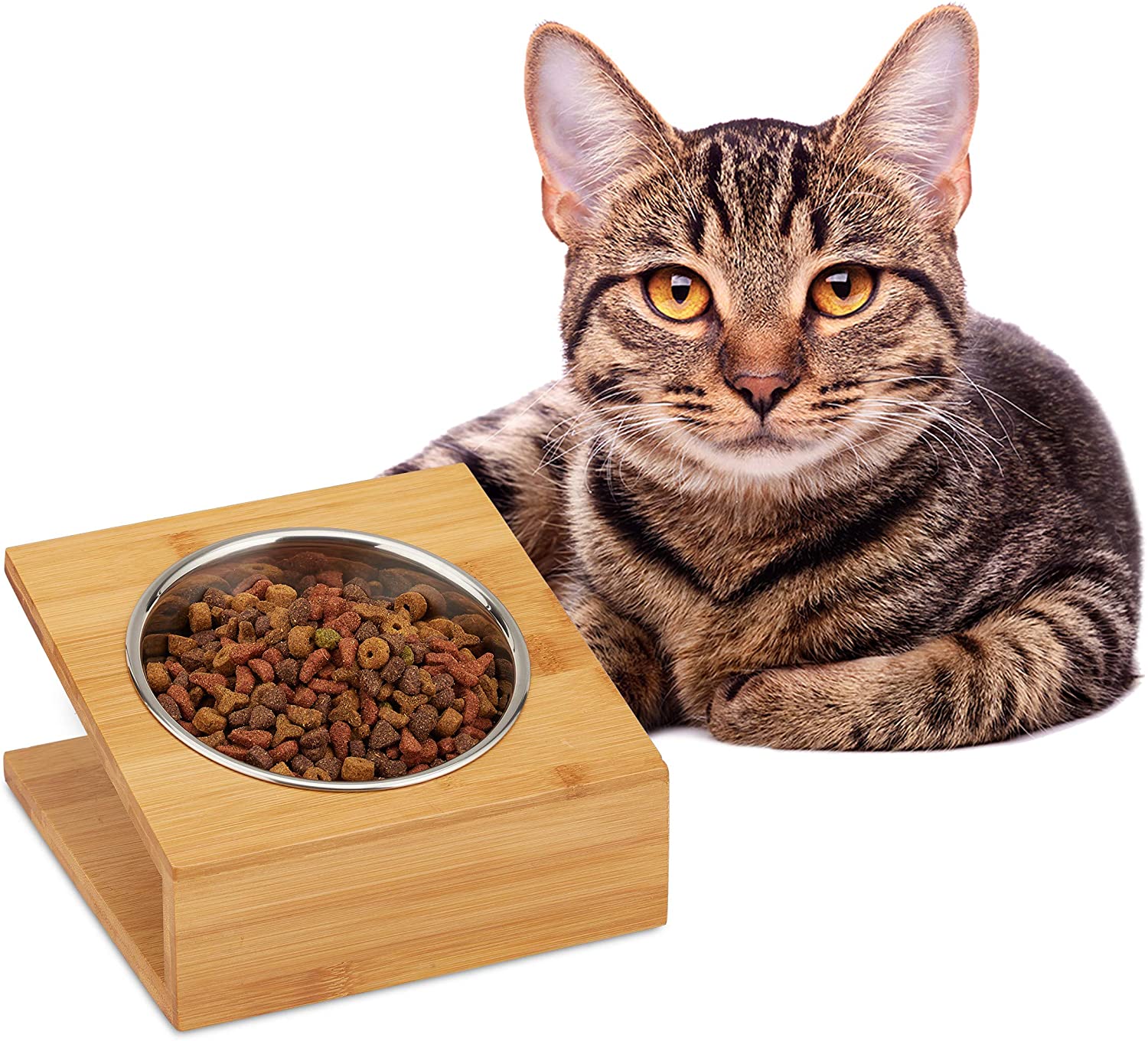 Relaxdays Μπολ από Ανοξείδωτο Ατσάλι με Βάση από Μπαμπού για Κατοικίδια - 300 ml - Natural - 4052025916138