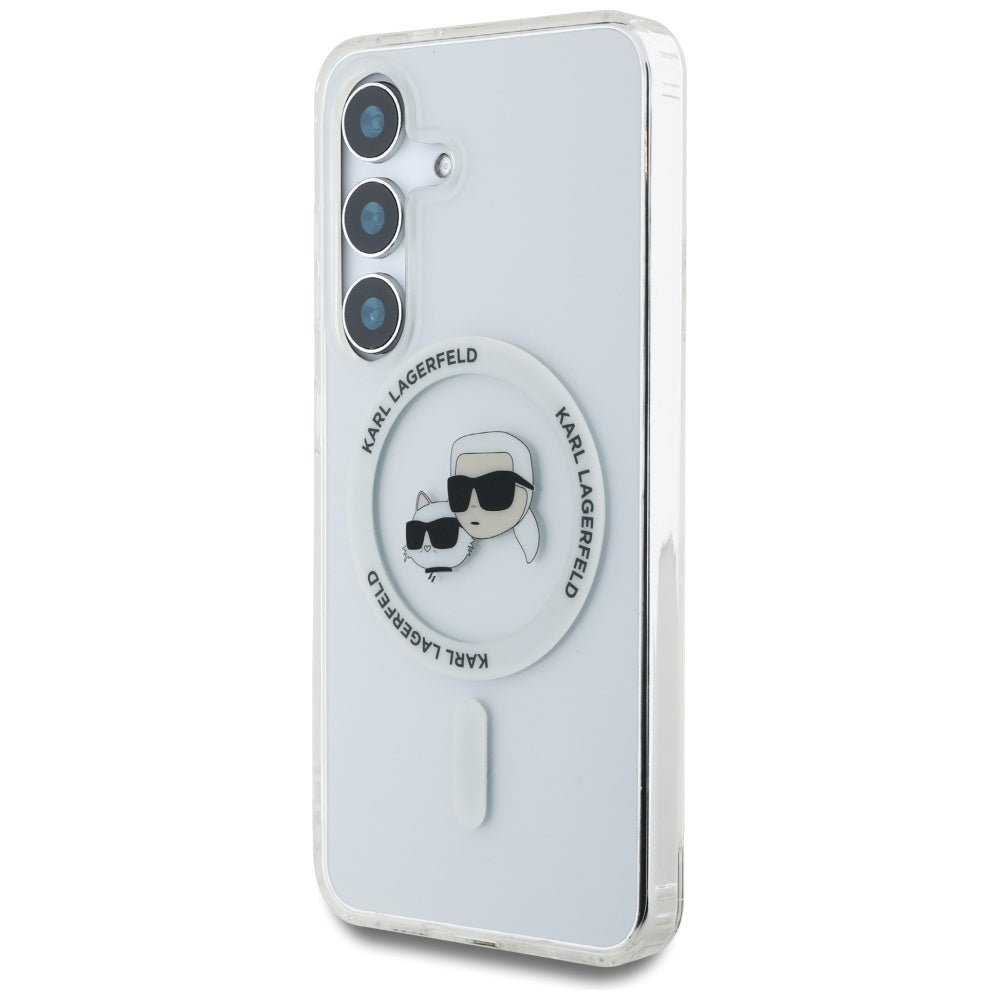 Karl Lagerfeld Samsung Galaxy S25 Plus - Button Karl and Choupette Heads Printed Logo - MagSafe Σκληρή Θήκη με Πλαίσιο Σιλικόνης - White - KLHMS25MHLSKCH