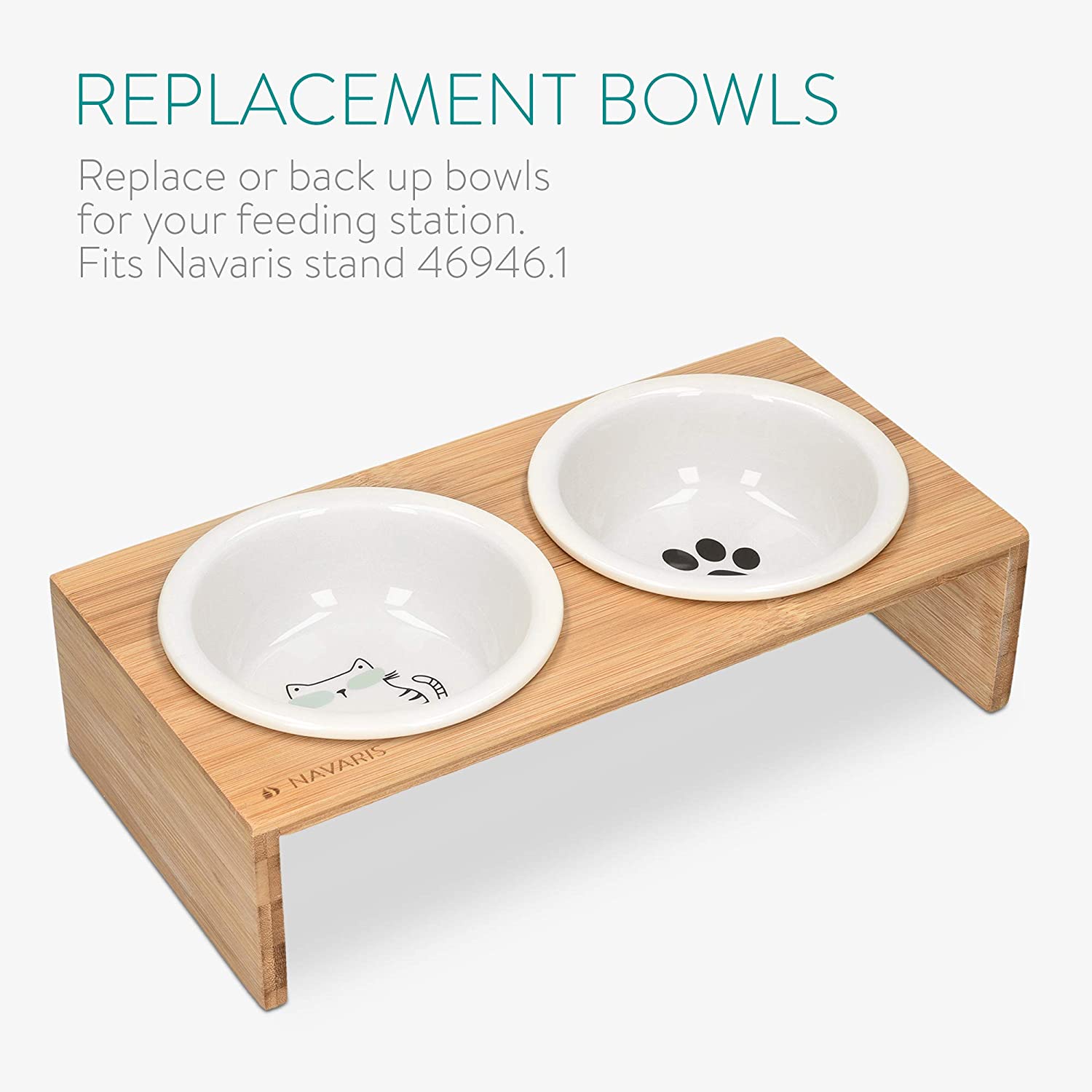 Navaris Cat Bowls - Σετ με 2 Ανταλλακτικά Μπολ Πορσελάνης Φαγητού και Νερού - 350 ml - White - 51398.01