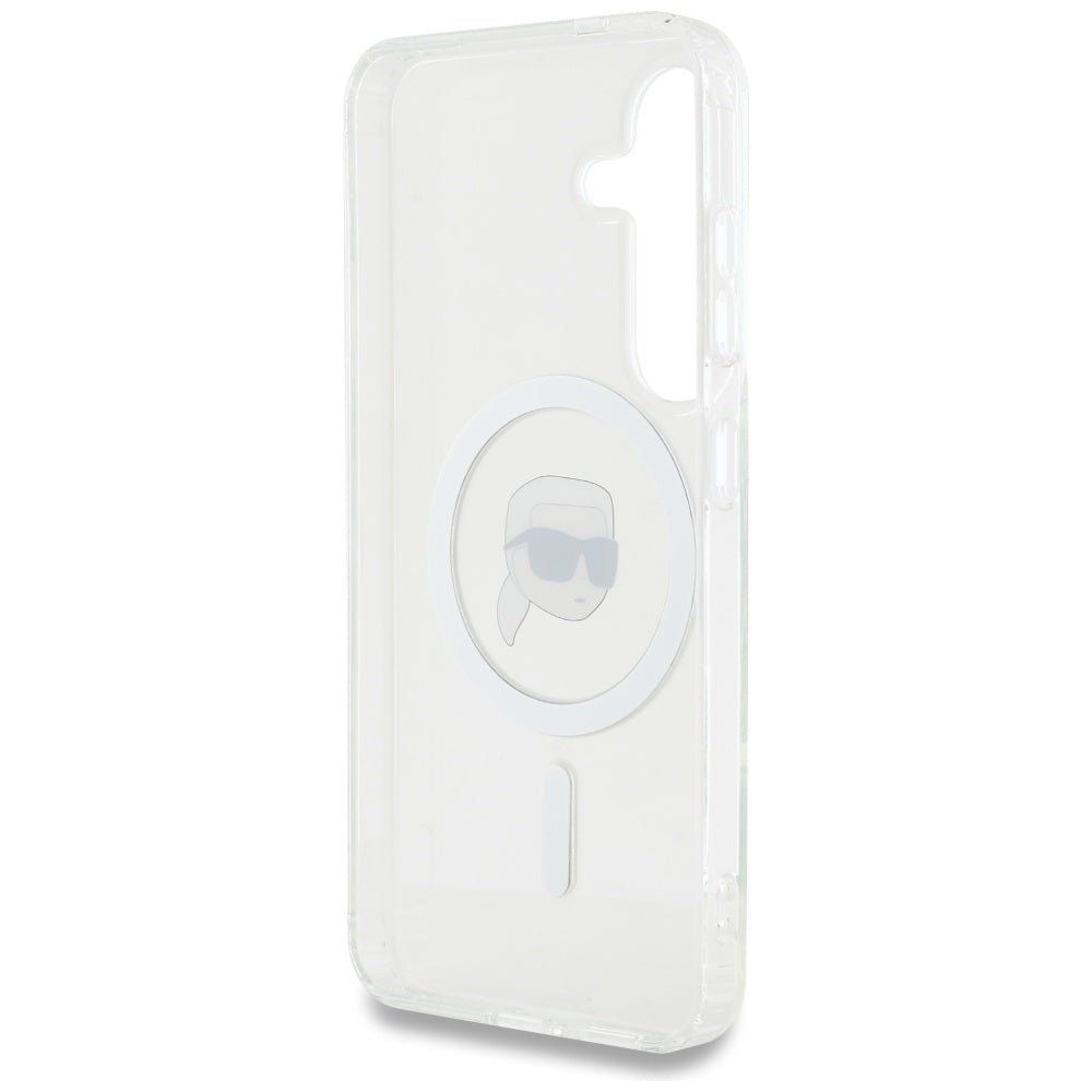 Karl Lagerfeld Samsung Galaxy S25 - Button Karl Head Printed Logo - MagSafe Σκληρή Θήκη με Πλαίσιο Σιλικόνης - White - KLHMS25SHLSKIH