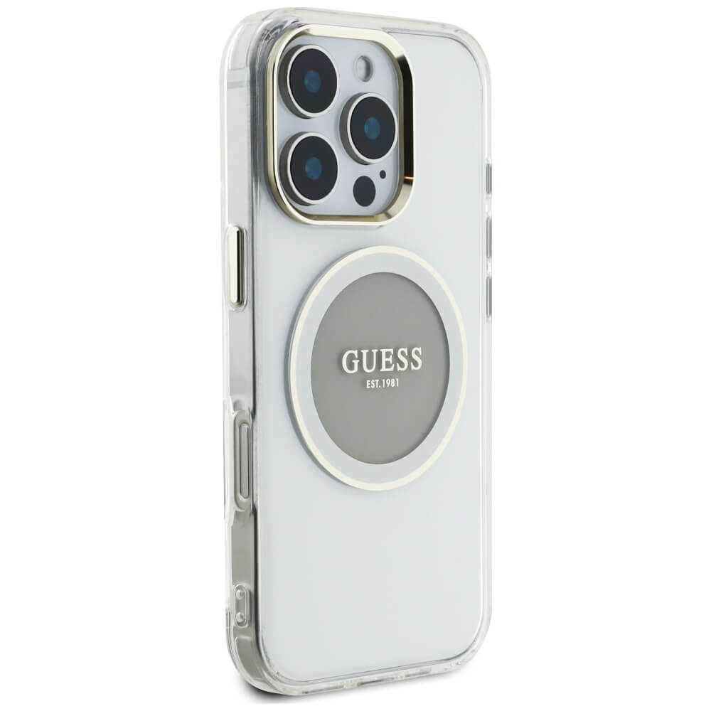 Guess iPhone 16 Pro IML Metal Colored Circle Classic Logo MagSafe Σκληρή Θήκη με Πλαίσιο Σιλικόνης και MagSafe - Grey - GUHMP16LHTDRCEDG