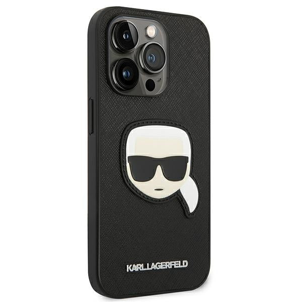 Karl Lagerfeld iPhone 14 Pro - Saffiano Karl's Head Patch Σκληρή Θήκη με Επένδυση Συνθετικού Δέρματος και Πλαίσιο Σιλικόνης - Black - KLHCP14LSAPKHK