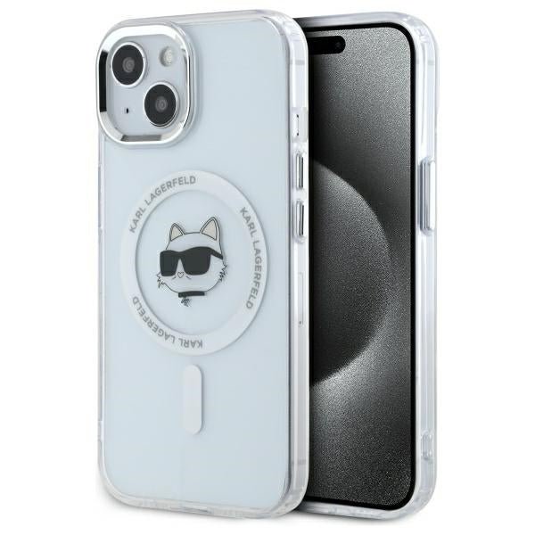 Karl Lagerfeld iPhone 15 - IML Metal Choupette Head - MagSafe Σκληρή Θήκη με Πλαίσιο Σιλικόνης - White - KLHMP15SHLSCHH