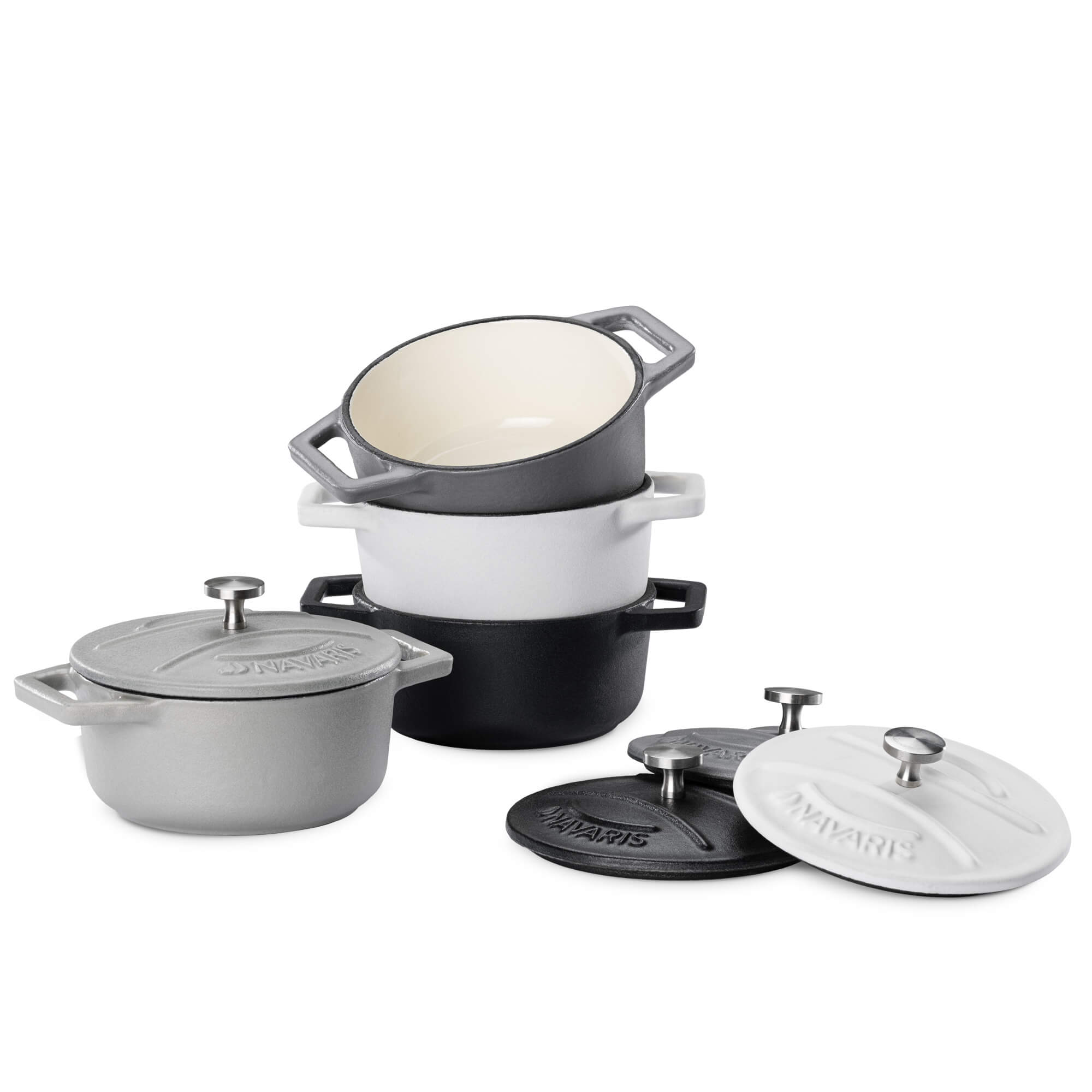 Navaris Στρογγυλλά Κατσαρολάκια - Σετ 4 Μίνι Κατσαρολάκια - White / Grey / Black - 49079.04.03