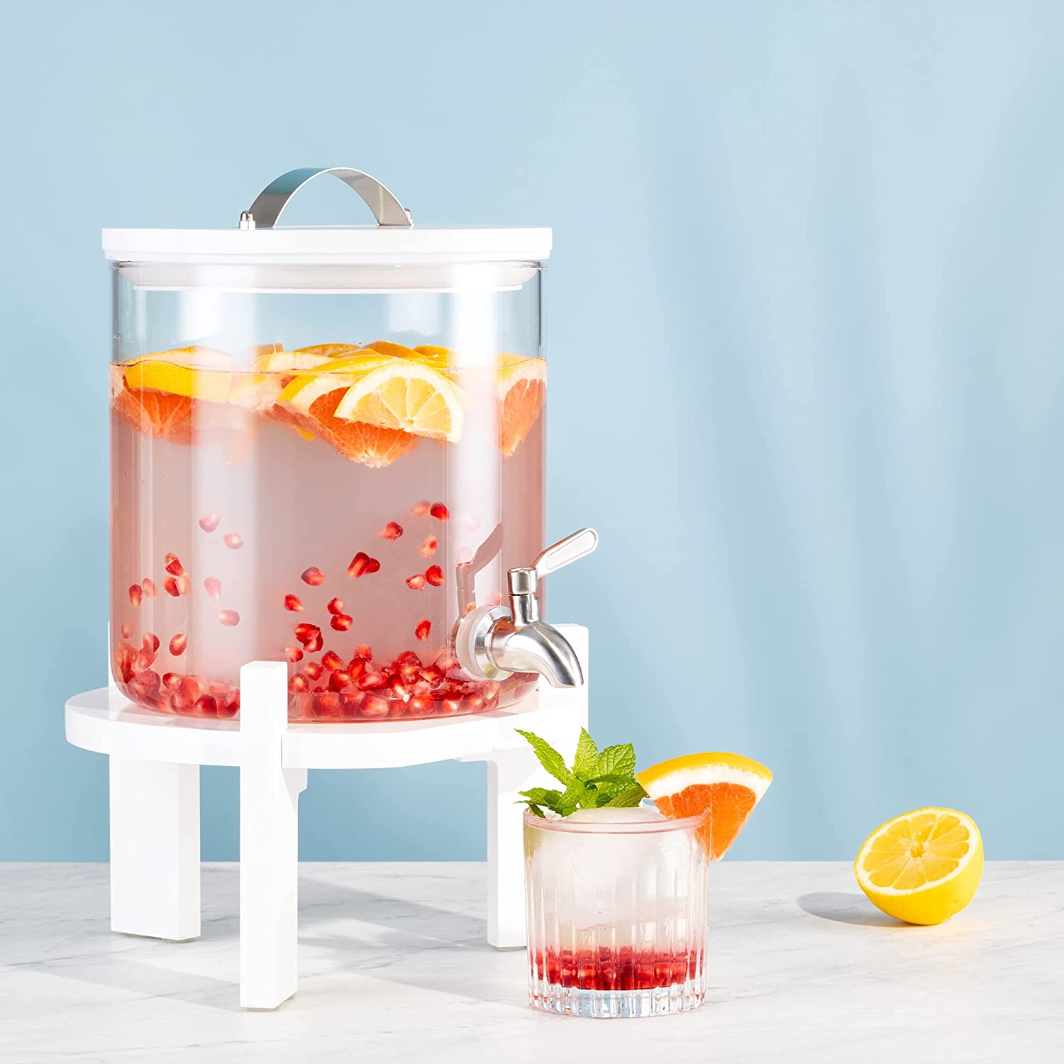 Navaris Glass Beverage Drink Dispenser Γυάλινος Διανεμητής Ποτού με Ξύλινη Βάση - 5L - White - 46785.06