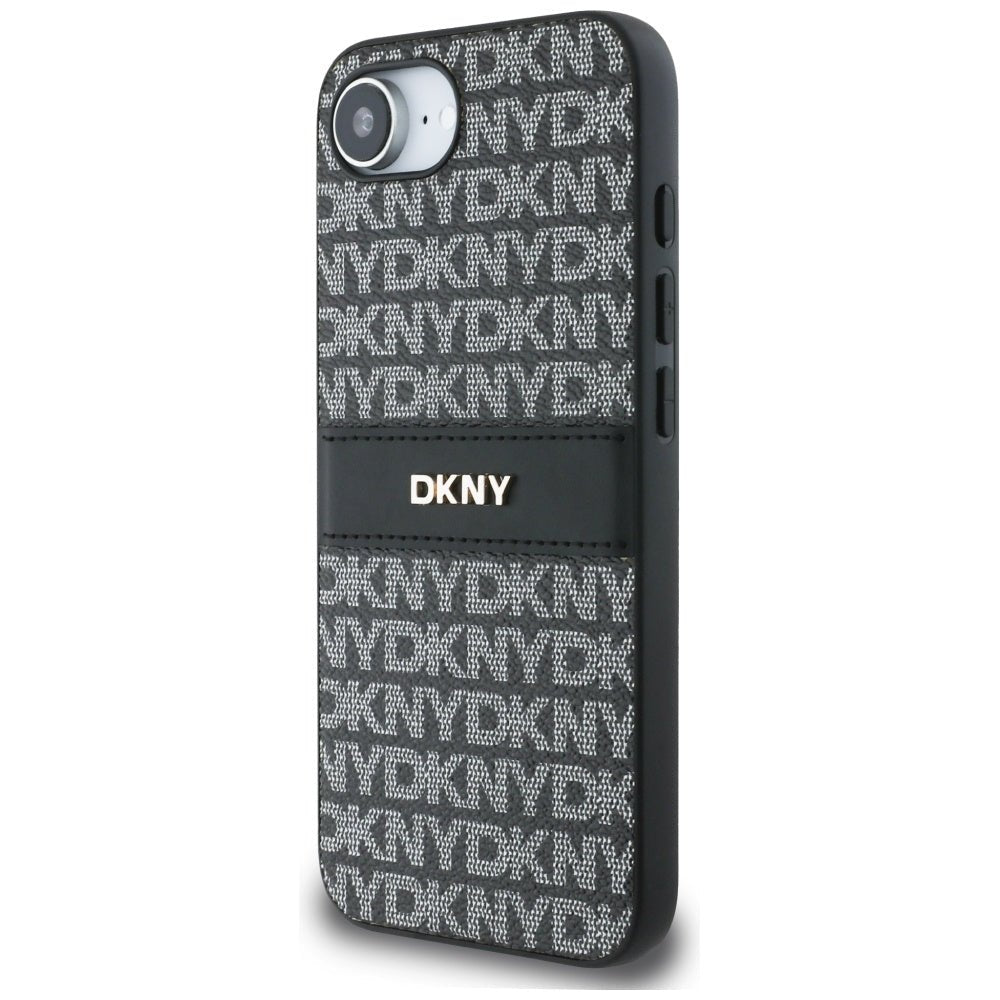 DKNY iPhone 16e - Repeat Texture Pattern with Tonal Stripe - Σκληρή Θήκη με Πλαίσιο Σιλικόνης και Επένδυση Συνθετικού Δέρματος - Black