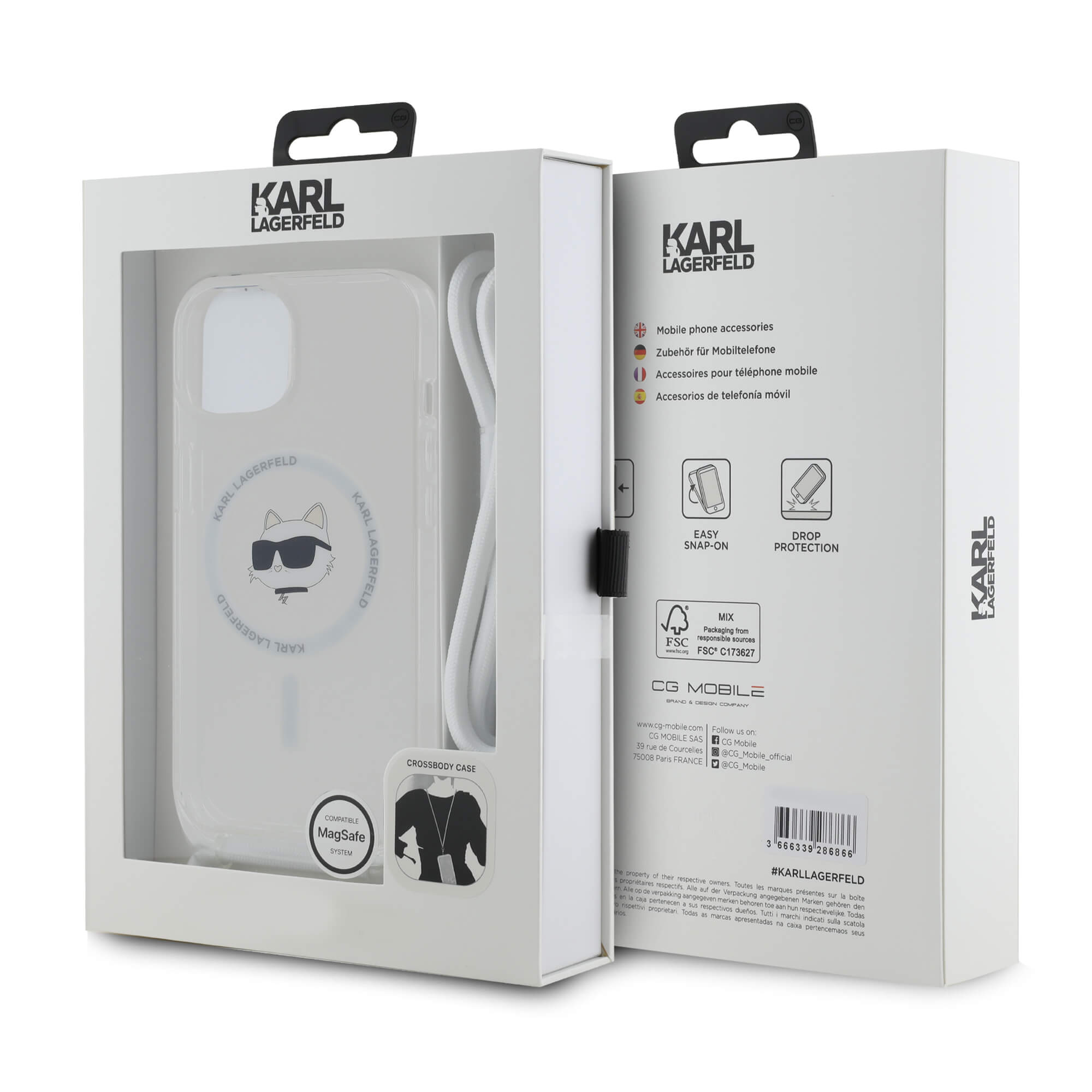 Karl Lagerfeld iPhone 15 / 14 / 13 - IML Choupette Head and Cord - MagSafe Σκληρή Θήκη με Πλαίσιο Σιλικόνης και Λουράκι - Διάφανη - KLHMP13MHCCHNT