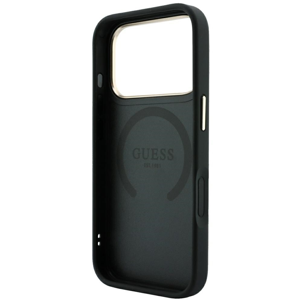 Guess iPhone 18 Pro Max / iPhone 17 Pro Max - Σκληρή Θήκη με Πλαίσιο Σιλικόνης και Επένδυση Συνθετικού Δέρματος MagSafe - 4G with Stripe Round and Classic Logos - Black