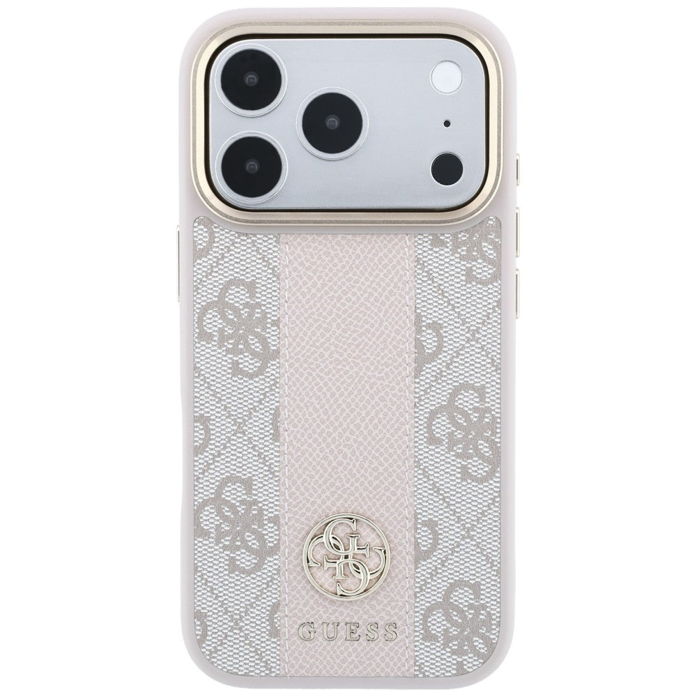 Guess iPhone 17 Pro Max / iPhone 18 Pro Max - Σκληρή Θήκη με Πλαίσιο Σιλικόνης και Επένδυση Συνθετικού Δέρματος - 4G with Stripe Round and Classic Logos MagSafe - Pink