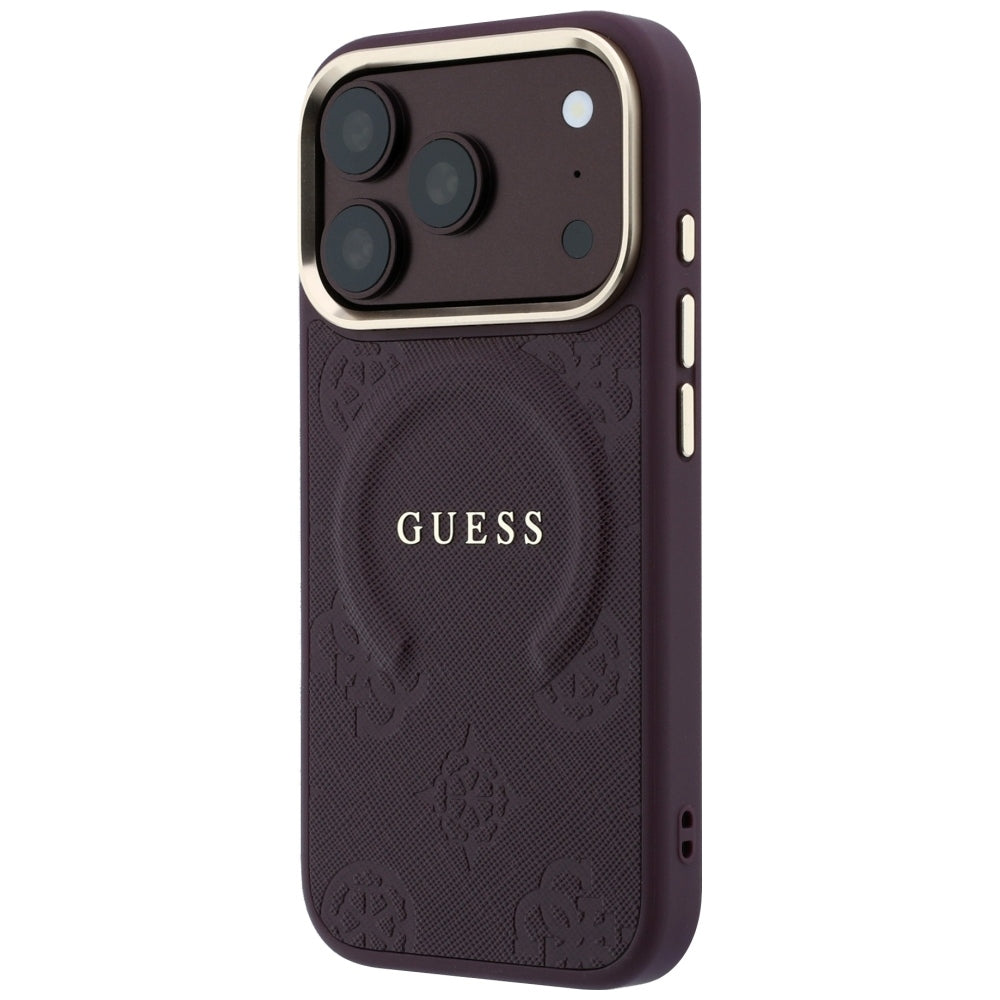 Guess iPhone 18 Pro Max / iPhone 17 Pro Max - Σκληρή Θήκη με Επένδυση Συνθετικού Δέρματος MagSafe - Saffiano Peony and Ring - Burgundy