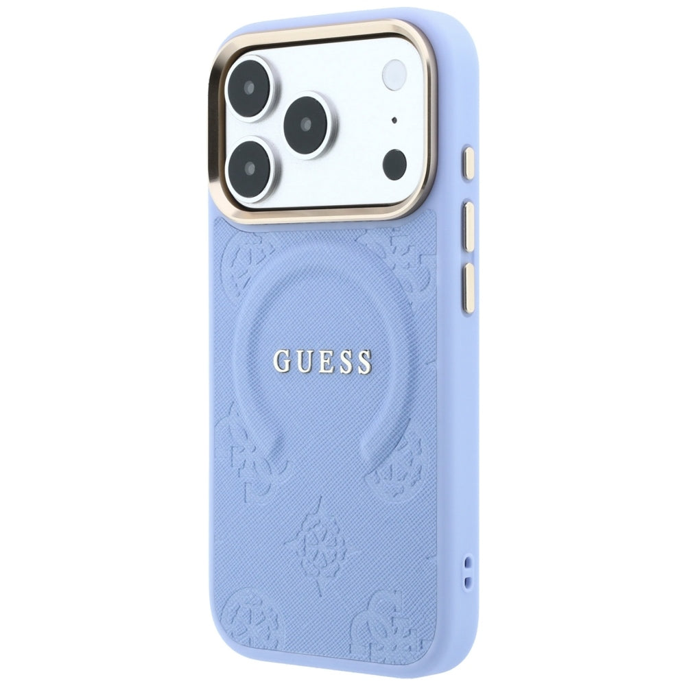 Guess iPhone 18 Pro / iPhone 17 Pro - Σκληρή Θήκη με Επένδυση Συνθετικού Δέρματος MagSafe - Saffiano Peony and Ring - Light Blue
