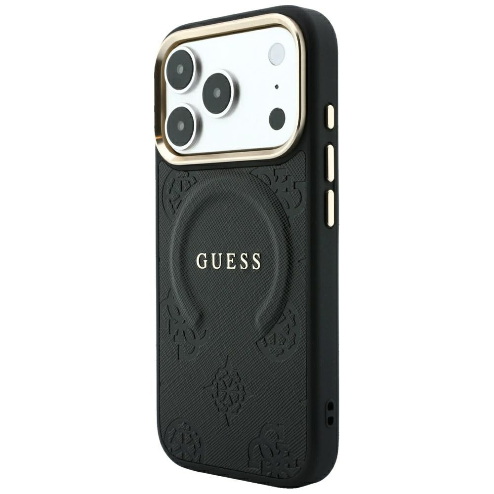 Guess iPhone 18 Pro / iPhone 17 Pro - Σκληρή Θήκη με Επένδυση Συνθετικού Δέρματος MagSafe - Saffiano Peony and Ring - Black