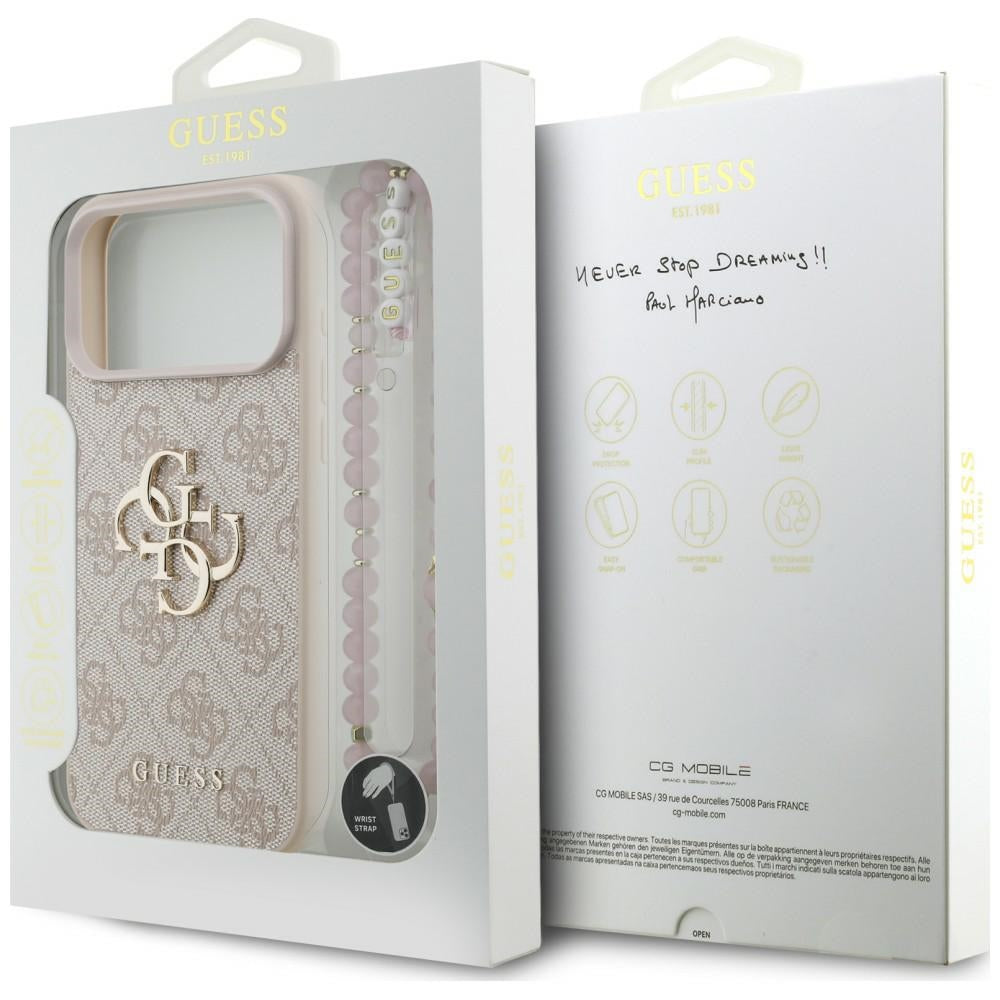 Guess iPhone 18 Pro Max / iPhone 17 Pro Max - Σκληρή Θήκη με Επένδυση Συνθετικού Δέρματος και Λουράκι - 4G Strap 4G Classic Logo - Pink